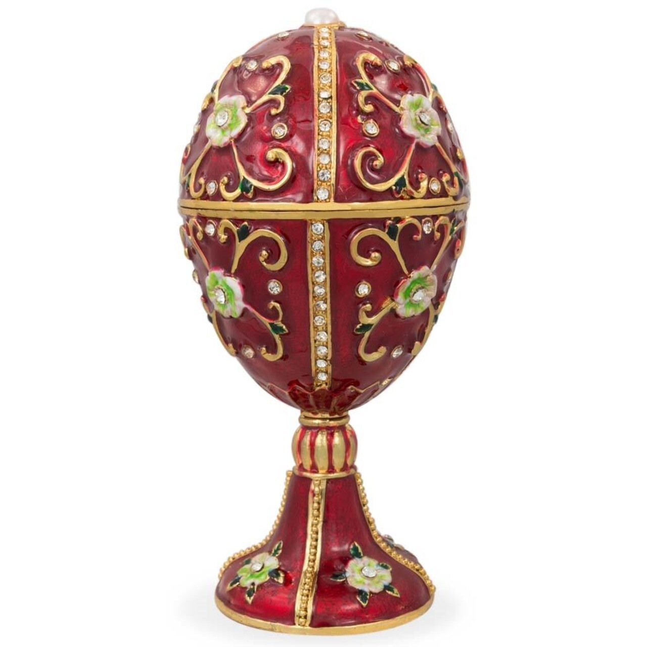 Green Flowers on Red Enamel Royal Inspired Imperial Metal Easter Egg